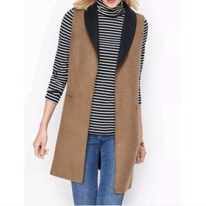 Talbots Double Faced Wool Blend Open Front Long Shawl Collar Vest Camel…